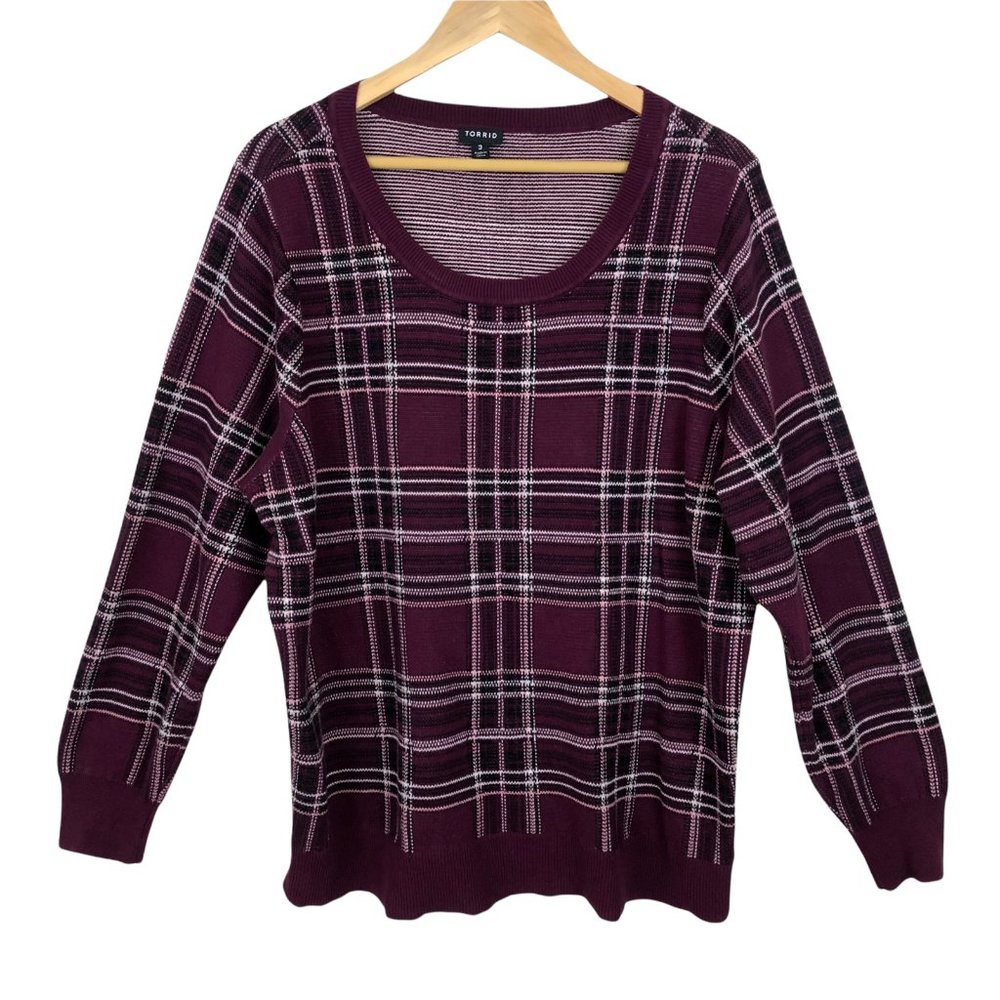 Torrid Women's Plaid 2fer Pullover Sweater Size 3/ 3X Burgundy Casual Comfort